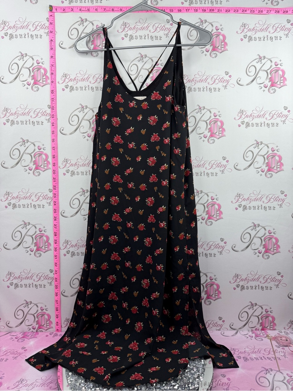 ELIANE ROSE dress long Women's Black Floral Slip Dress with Red Rose Print
